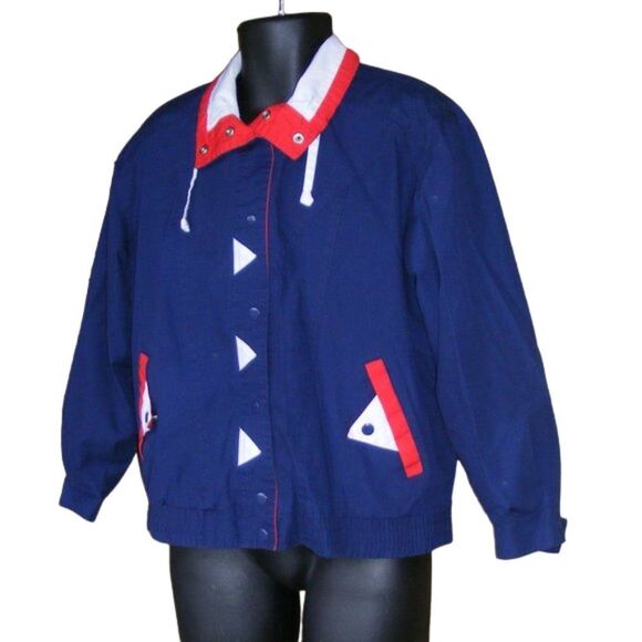 Vintage Windbreaker, S, Nautical, Snap front, Navy/White/Red, Pockets, Long slv - Picture 3 of 8